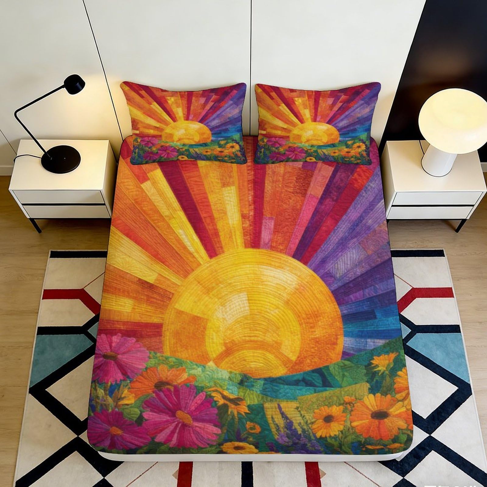 3D Printed Sunrise Floral Fitted Sheet Microfiber Soft Breathable Sunset Bed Sheet for Bedroom Dormitory Guest Room Mattress Protection Decor 140x200x25cm