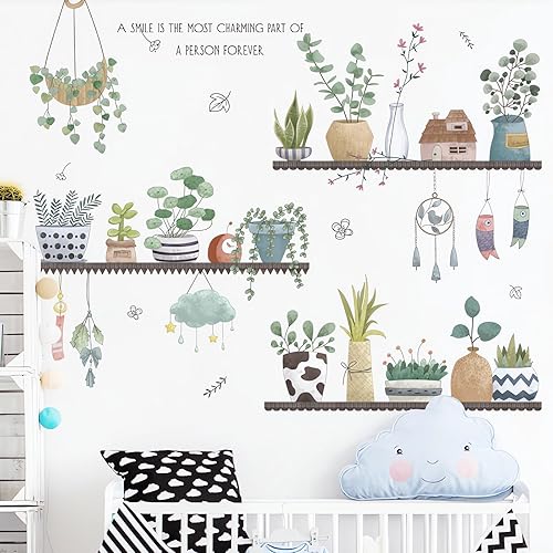 Calcomanías de pared en maceta con plantas verdes frescas, hojas de sacinora para jardín, calcomanías de pared extraíbles de vinilo para despegar y