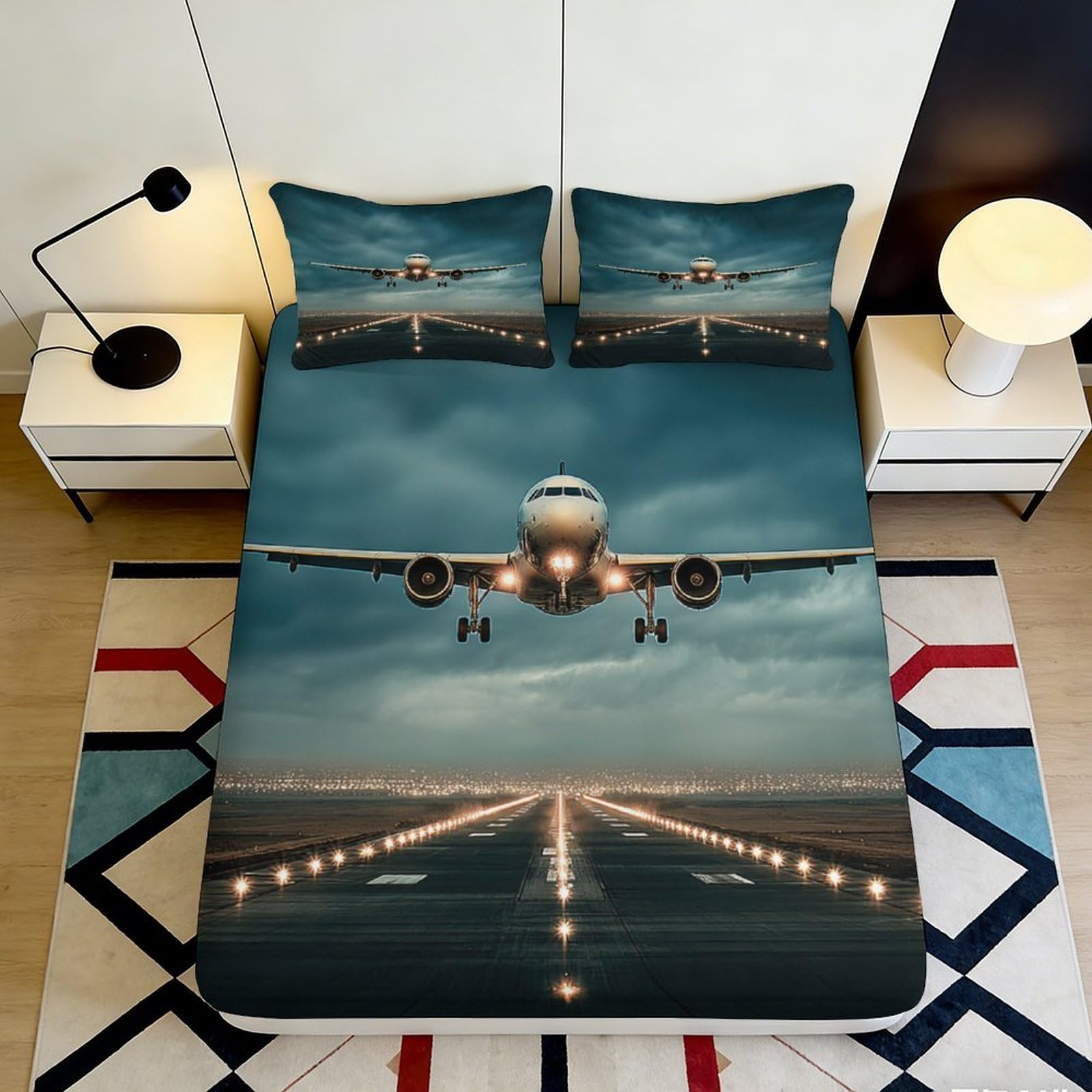 Jqzkxnhpbr Style-6 3D Printed Runway Night Airplane Fitted Sheet Microfiber Soft Slip-Resistant Aircraft Bed Cover For Bedroom Dorm Decor Mattress Protection 90X200x25cm