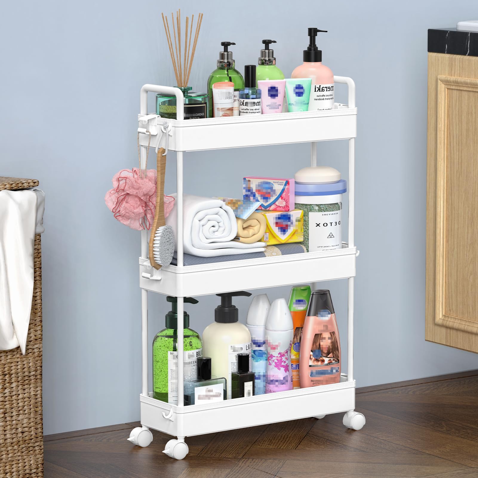 SOLEJAZZ 3-Tier Storage Trolley Cart Slide-out Slim Rolling Utility Cart Mobile Storage Shelving Organizer for Kitchen, Bathroom, Laundry Room, Bedroom, Narrow Places, Plastic,White