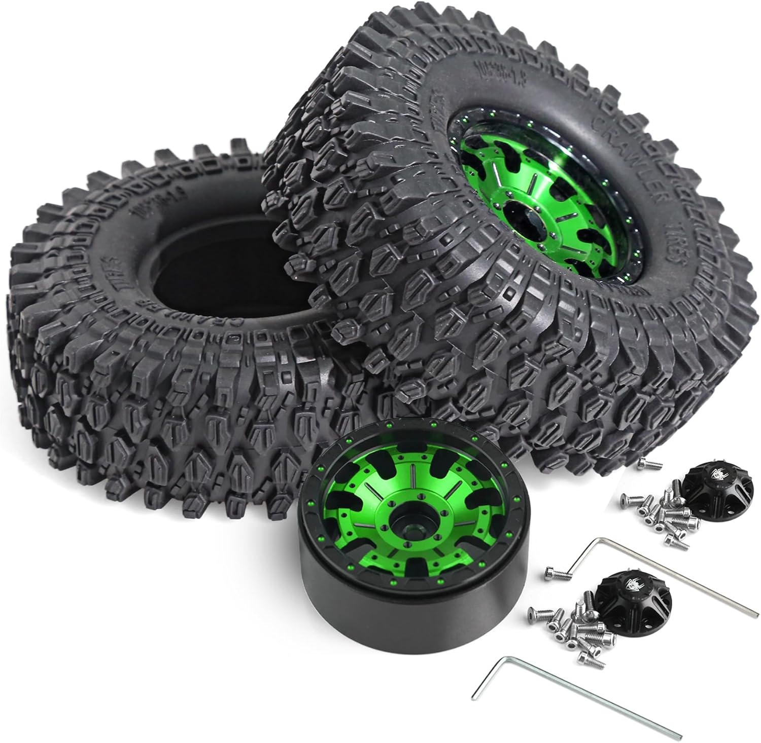 REDSPIDER 1.9 Beadlock Wheels and Tires Set（4PCS）1.9 Wheels Soft Rubber Tires OD 4.13''.for 1:10 RC Crawler Axial SCX10 90046 SCX10 III AXI03007 Tamiya CC01 D90 D110 (Green)