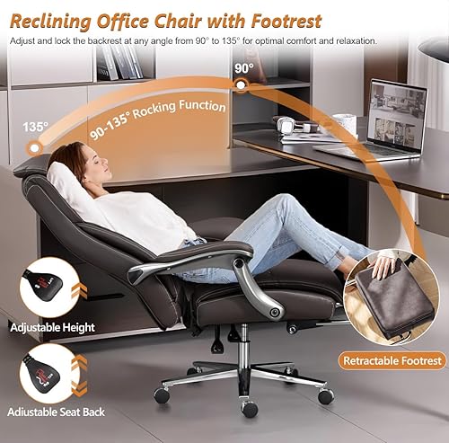 Miniatura 4 de Silla de oficina grande y alta, silla ejecutiva de lujo de cuero extra ancha de 600 libras con reposapiés retráctil, silla ergonómica de alta