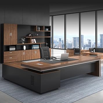L Shaped Executive Office Desk, Wood Executive Desk with Drawers Gaming Study Table Business Furniture for Boss, Owners