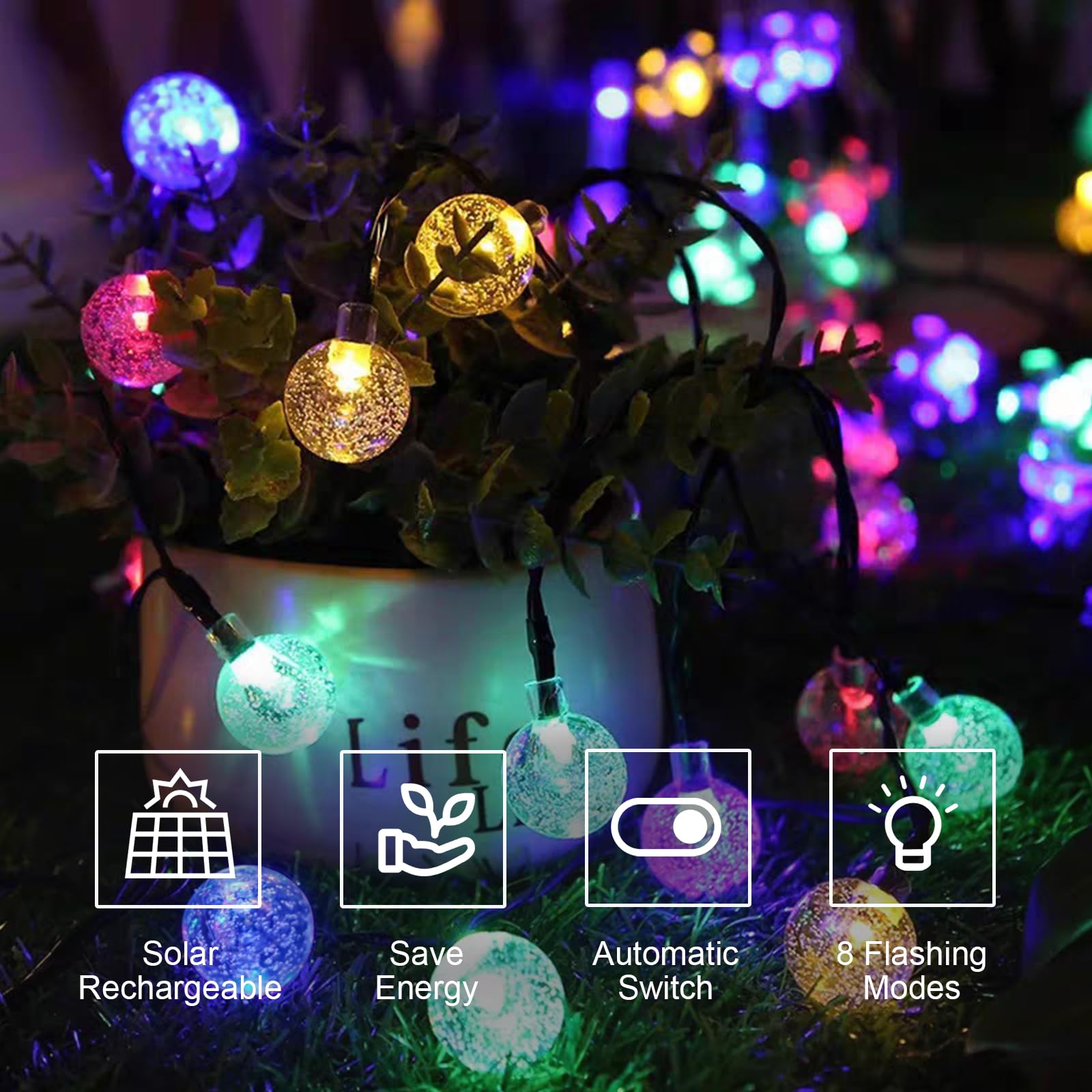 LQWELL® Catena luminosa solare per giardino esterno, catena solare con sfere di cristallo 100 LED 16 m 55 piedi IP44 8 modalità per giardino esterno/interno patio balcone finestra (colorato)