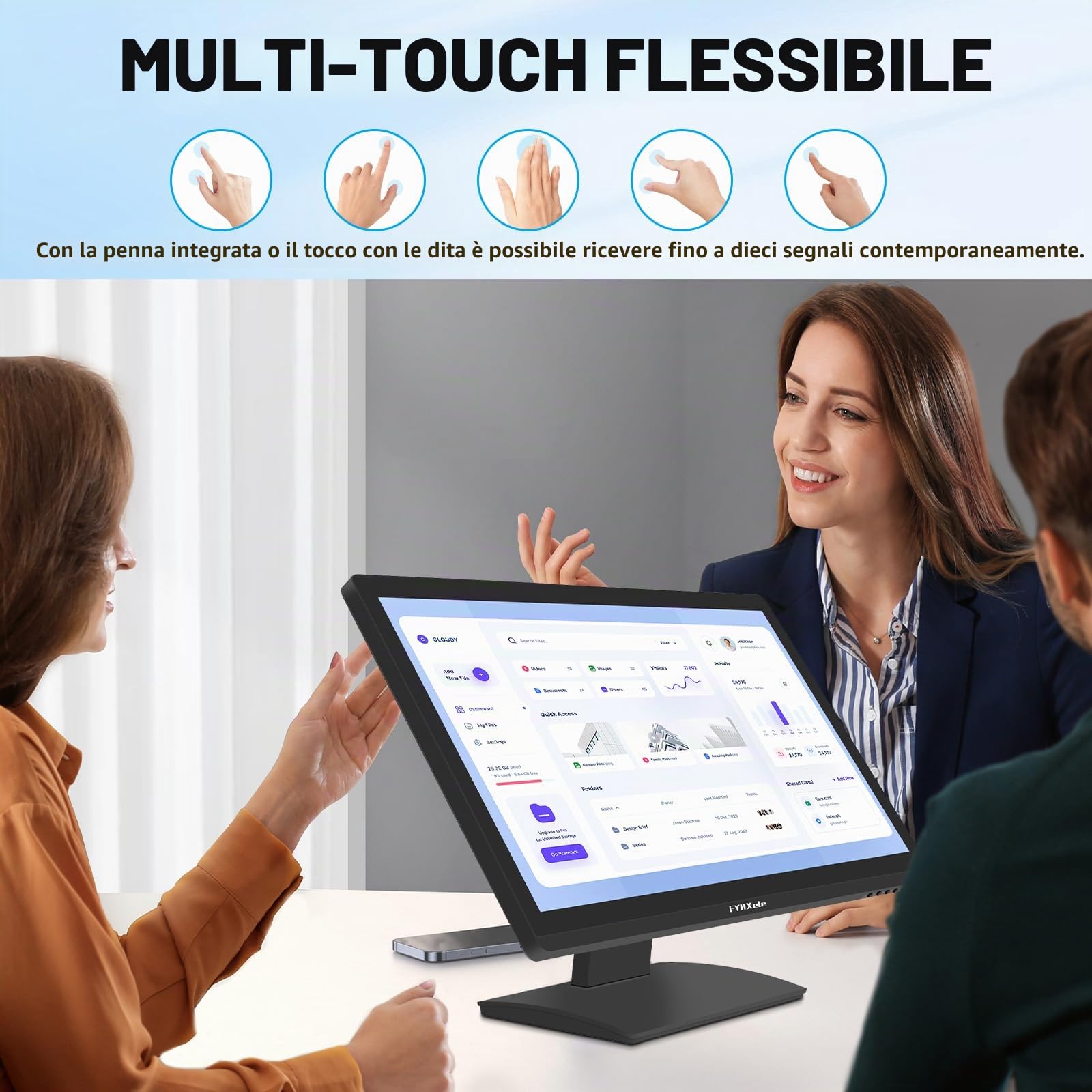 FYHXele Monitor Touch 24 Pollici 1080P 100Hz FHD (1920x1080) IPS 16:9 Monitor Commerciale Supporta il Tocco a 10 Punti Rotazione di 180 Gradi VGA HDMI Audio Supporto VESA Protezione degli Occhi