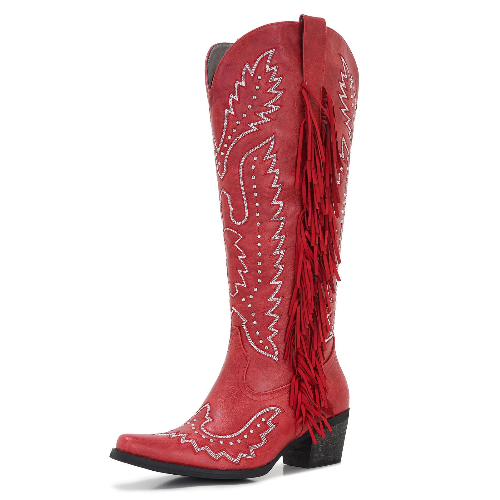 Womens Wide Calf Western Cowboy Boots Fringe Studded Cowgirl Boots Plus Size Knee High Low Heel Square Toe