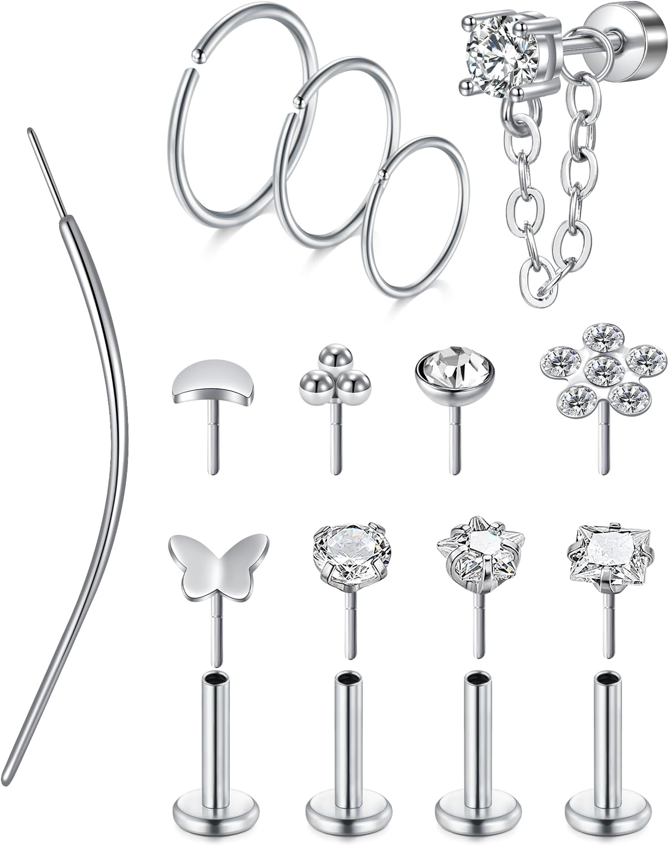 20g 16g Cartilage Earrings for Women Silver Gold Helix Piercing Jewelry Surgical Steel Hypoallergenic Flat Back Earrings Cartilage Hoop for Women Forward Helix Earring Tragus Jewelry Screw Back