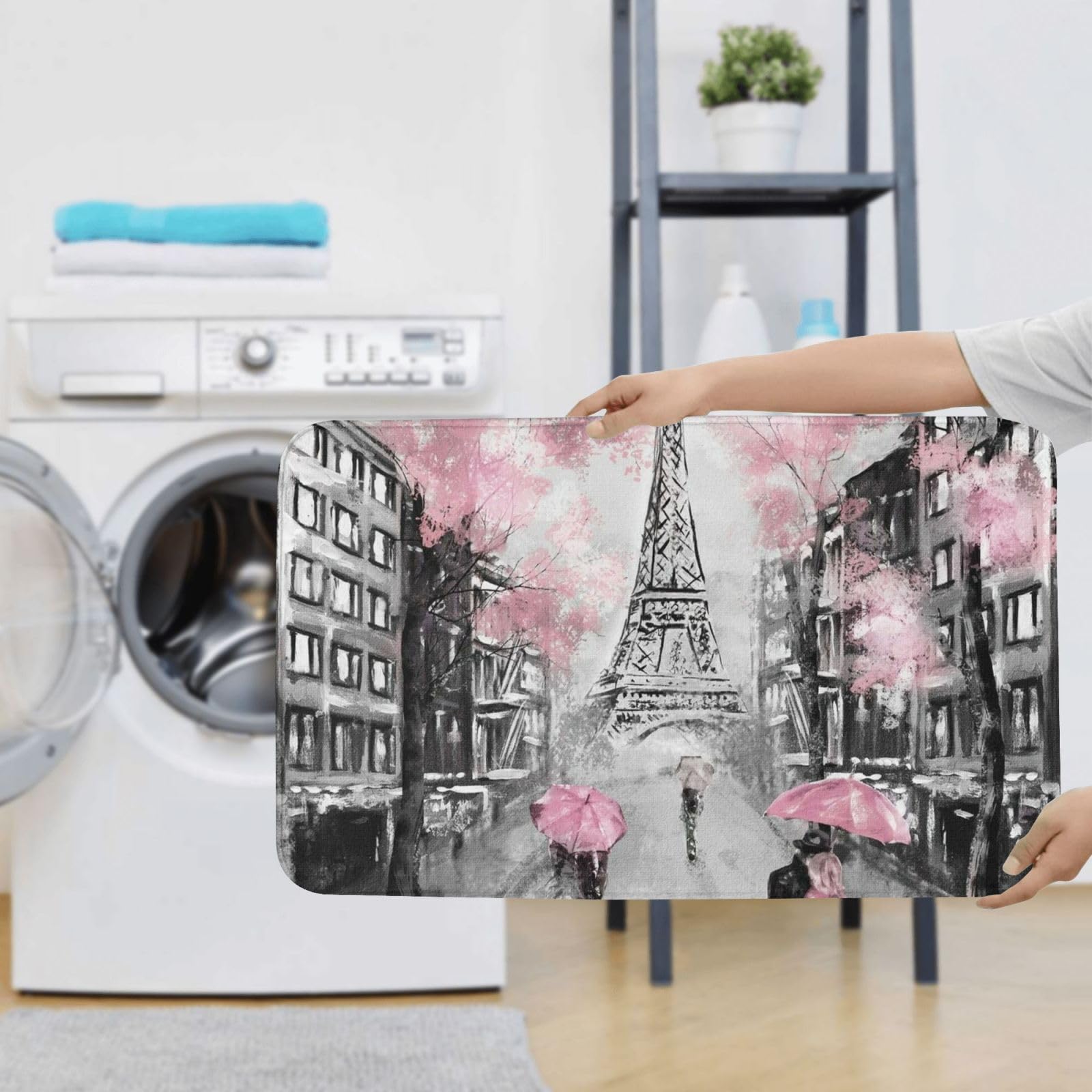 Paris Street Tower - Set di 3 tappetini da bagno con motivo floreale rosa, in flanella, morbido, antiscivolo, con coperchio, decorazione per la casa