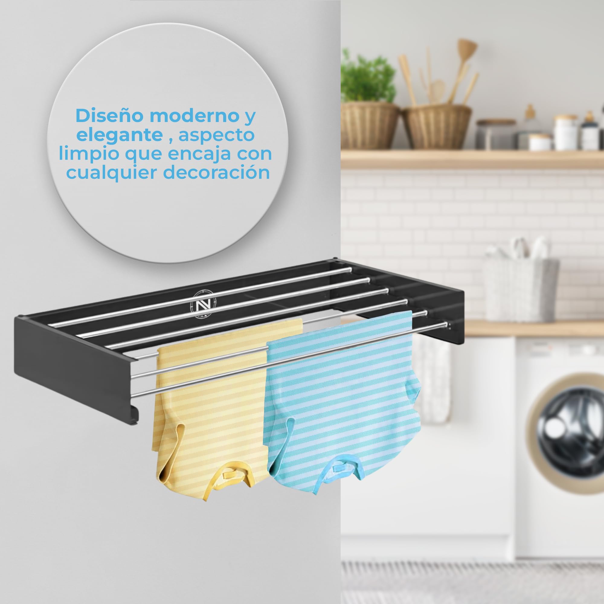 Stendibiancheria estensibile da parete retrattile - Stendibiancheria pieghevole da parete per interni ed esterni - Salvaspazio - Compatto - Capacità 35 kg - 6 aste - 100 cm (nero)