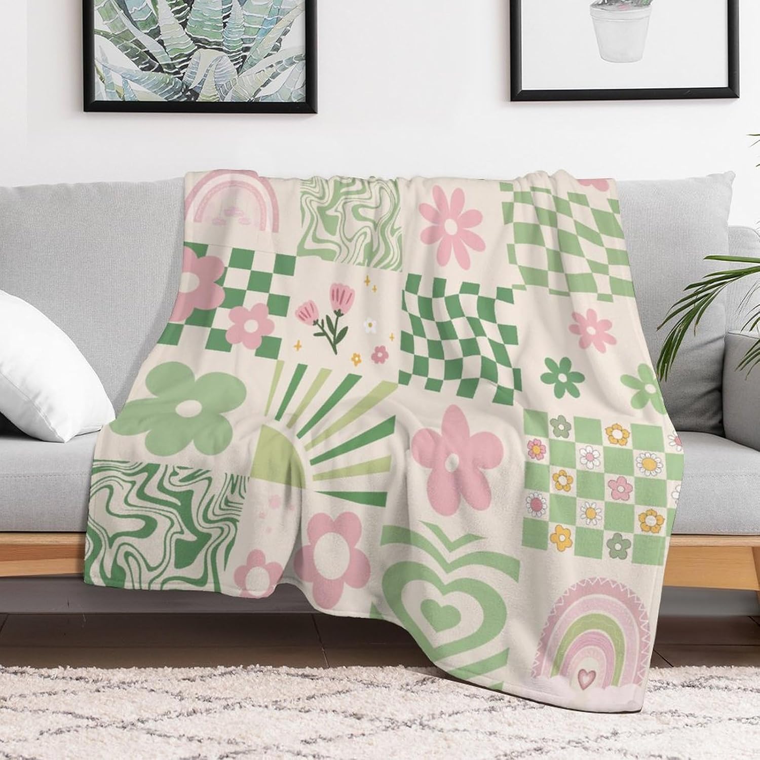 Groovy Geometry Blanket, Modern Minimal Green Pink Floral Check Patchwork Pattern Soft Warm Cozy Plush Flannel Covers for Livingroom Bedroom Couch Chair Camping Travel Home Decor Tapestry 50x60in