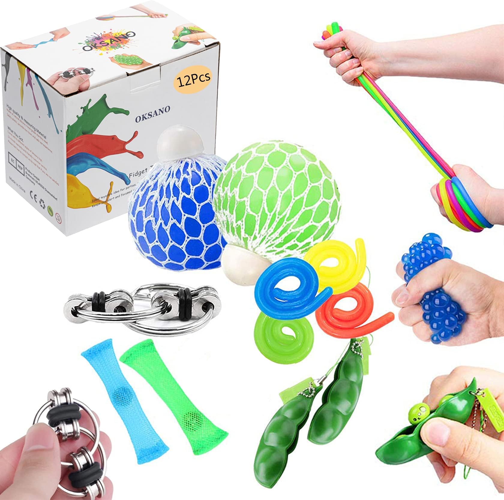 OKSANO Sensory Toys Sets 12Pcs, Fidget Toys for Kids and Adults Autism Fiddle Toys for ADHD, Squeeze Mesh Balls, Flippy Chain, Stretchy Strings, Soybean Stress Toys, Twist Toys, Stress Relief Strap