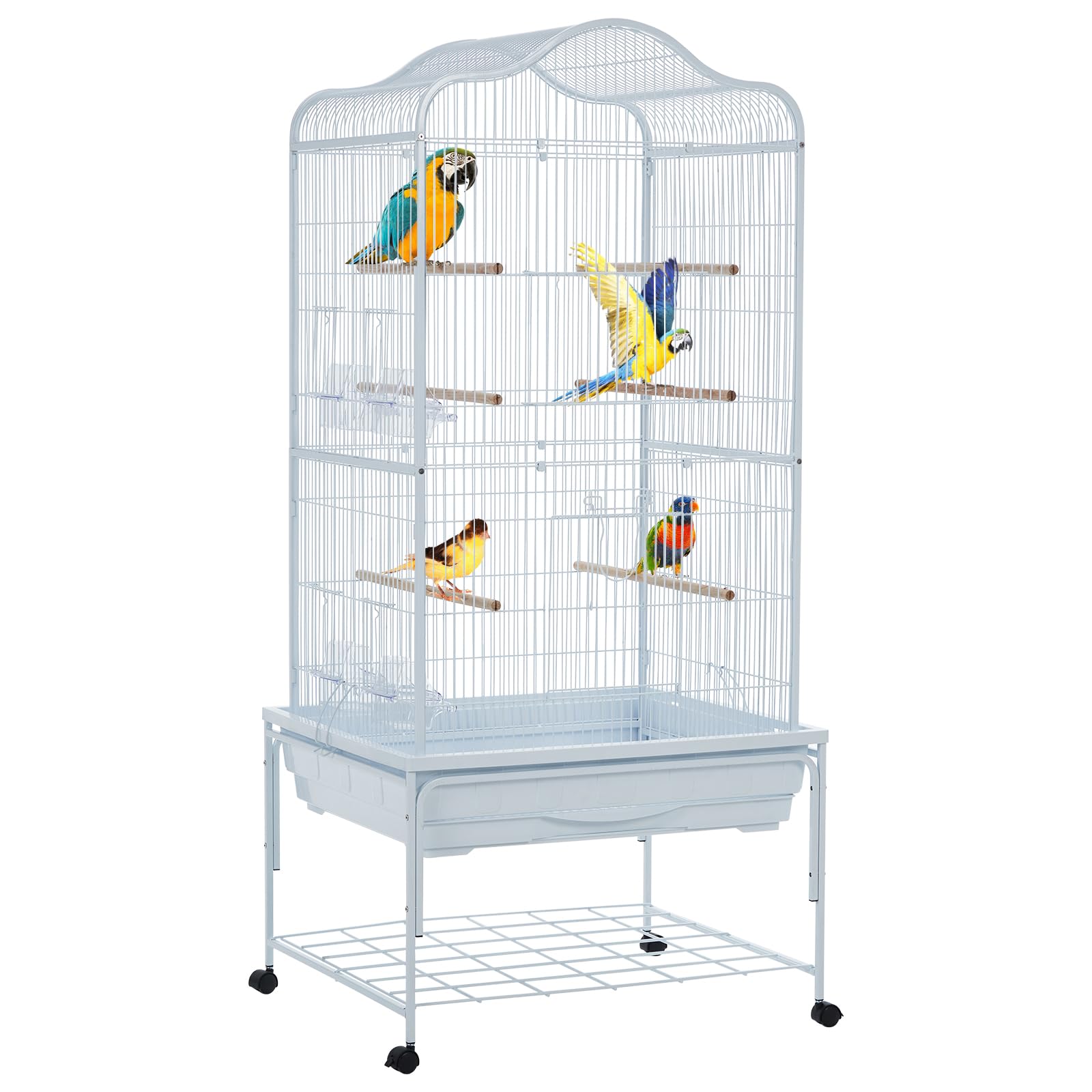 XXL Vogelvoliere Großer Vogelkäfig 63.5 x 53.5 x 138cm, Vogelbauer Wellensittich Kanarien mit Holzstangen und 4 Rollen mit Schmutzwanneneinsatz, Weiß
