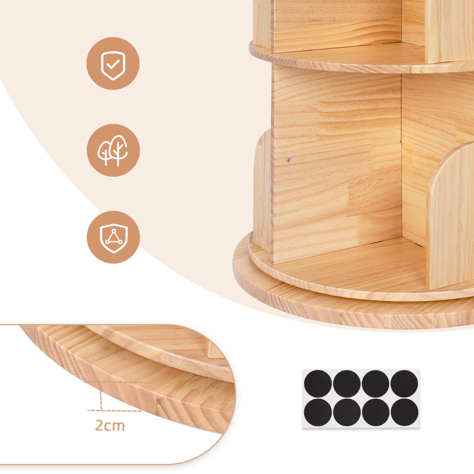 OOOK Drehbares Bücherregal Kinder aus Massivholz, 360 Grad 3-stöckiges Bücherregal Kinderzimmer für Kinder und Erwachsene, Multifunktionales Kinderbücherregal Holz für Kinderspielzimmer