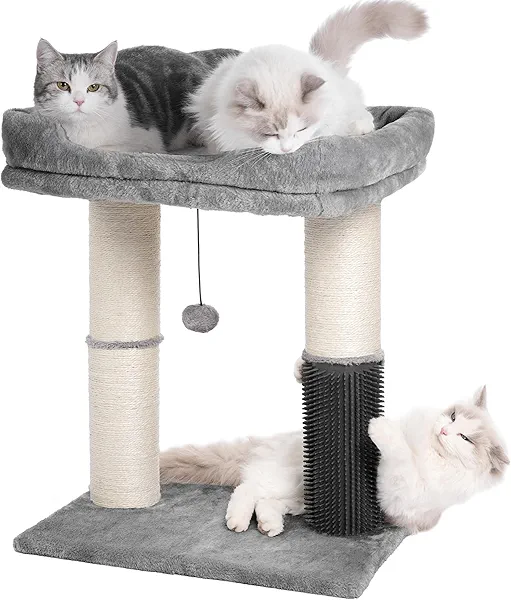 Pawfessor Cat Tree Tower for Large Cats Cat Scratching Post with 20x15.7”Wide Top Bed, Self Groomer, Thick Scratch Post [Dia=4.5”] and Danging Ball Great for Indoor Cats-Large Grey