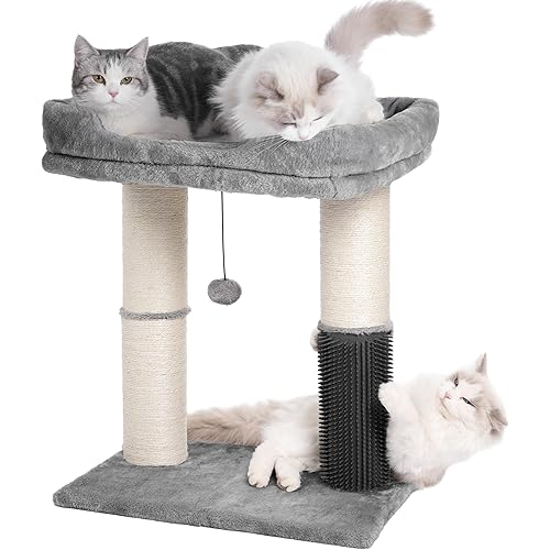 Cat Tree Tower for Large Cats Cat Scratching Post with 20x15.7”Wide Top Bed, Self Groomer, Thick Scratch Post [Dia=4.5”] and Danging Ball Great for Indoor Cats-Large Grey