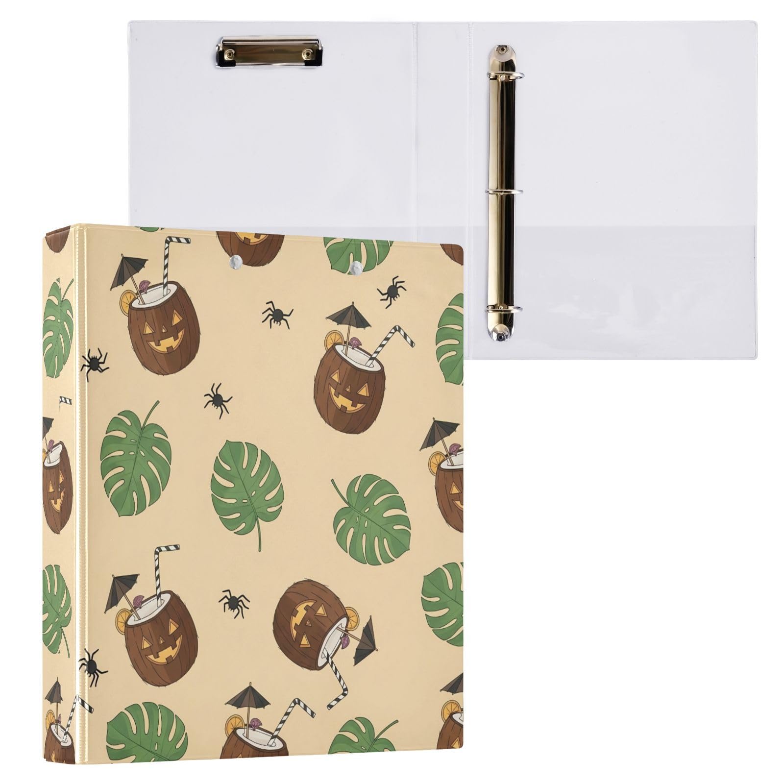 Raccoglitori a 3 anelli, 3,8 cm, in cocco, con facce di Jack-o-Lantern, decorativi, rotondi, con clip in metallo, organizer per casa e ufficio, confezione da 2