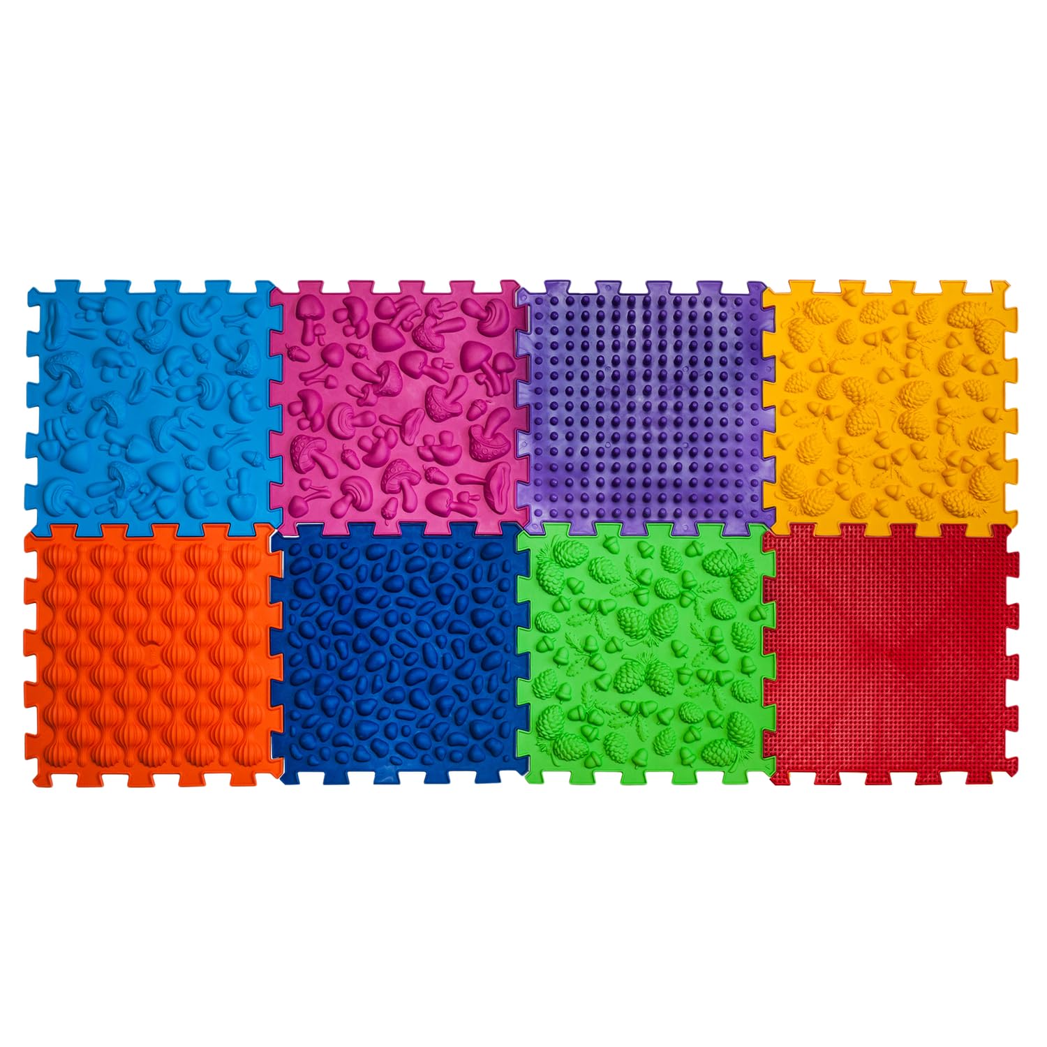 Tappetini ortopedici per massaggi sensoriali e strutturali "Puzzle Mix", 8 pezzi.