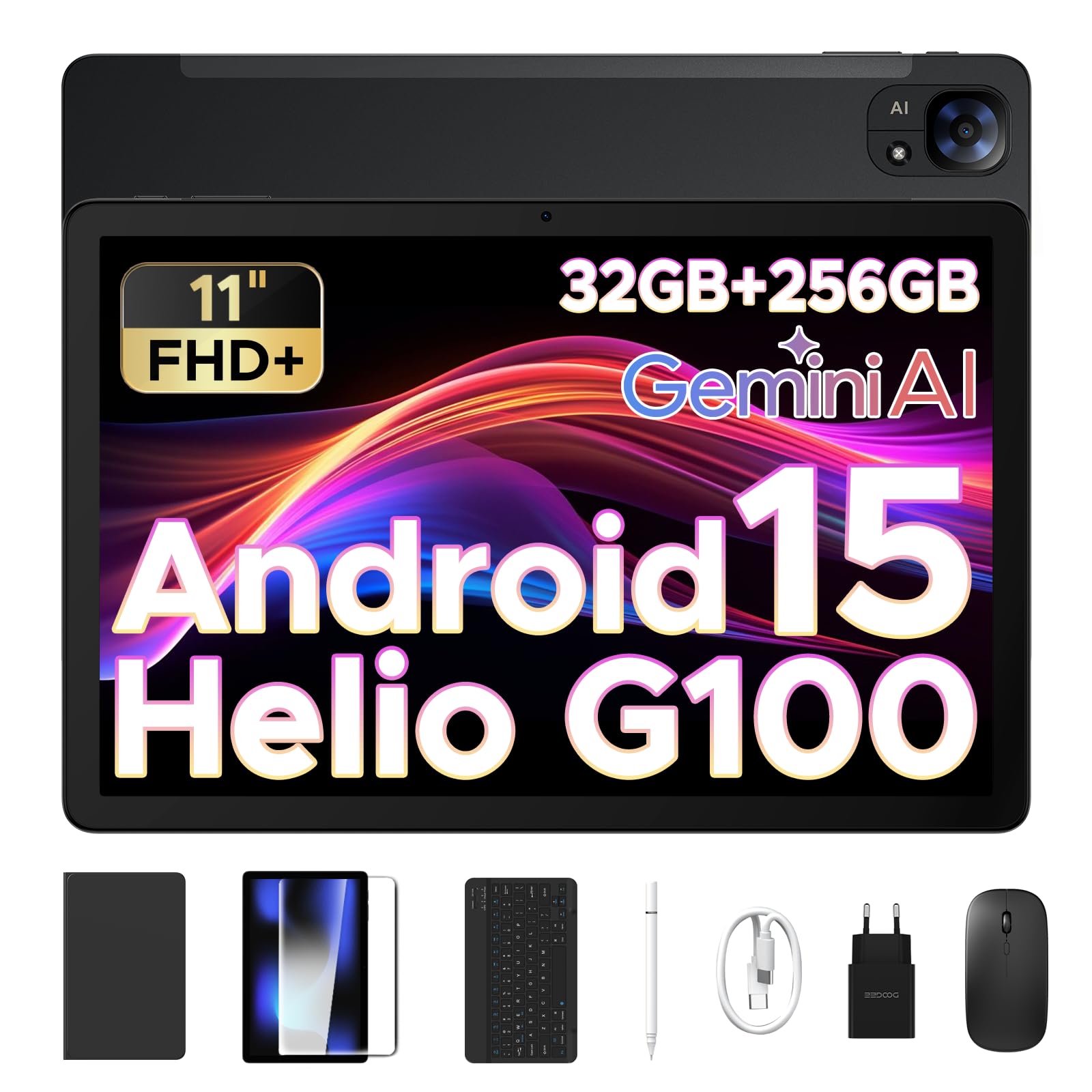 Tab E3 Tablet 11 Pollici, Helio G100 Octa Core Tablet con Sim, 32GB RAM+256GB ROM+2TB Tablet con Tastiera, 90Hz FHD+ Gemini AI, 4G SIM+5G WiFi, 8000mAh, Android 15/Audio 3,5mm/GPS/Face ID/OTG
