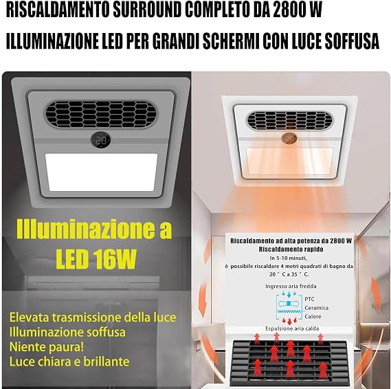 Bathroom Exhaust Fan,with Heater And Ventilation Fan, LED Light, Remote Control,Heater 2800W,ceiling Extractor Fan Bathrooms，suitable for Bathroom Toilet White,35 * 35 * 8CM
