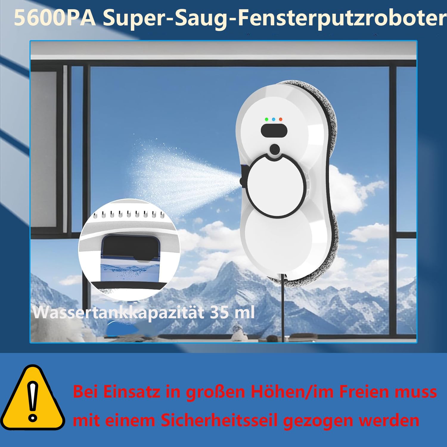 Fensterputzroboter mit Sprühfunktion, 5600 Pa Elektrischer Fensterreiniger, 3 Reinigungsmodi, Smart Navigation, Fernbedienung, streifenfreie Glaskantenerkennung