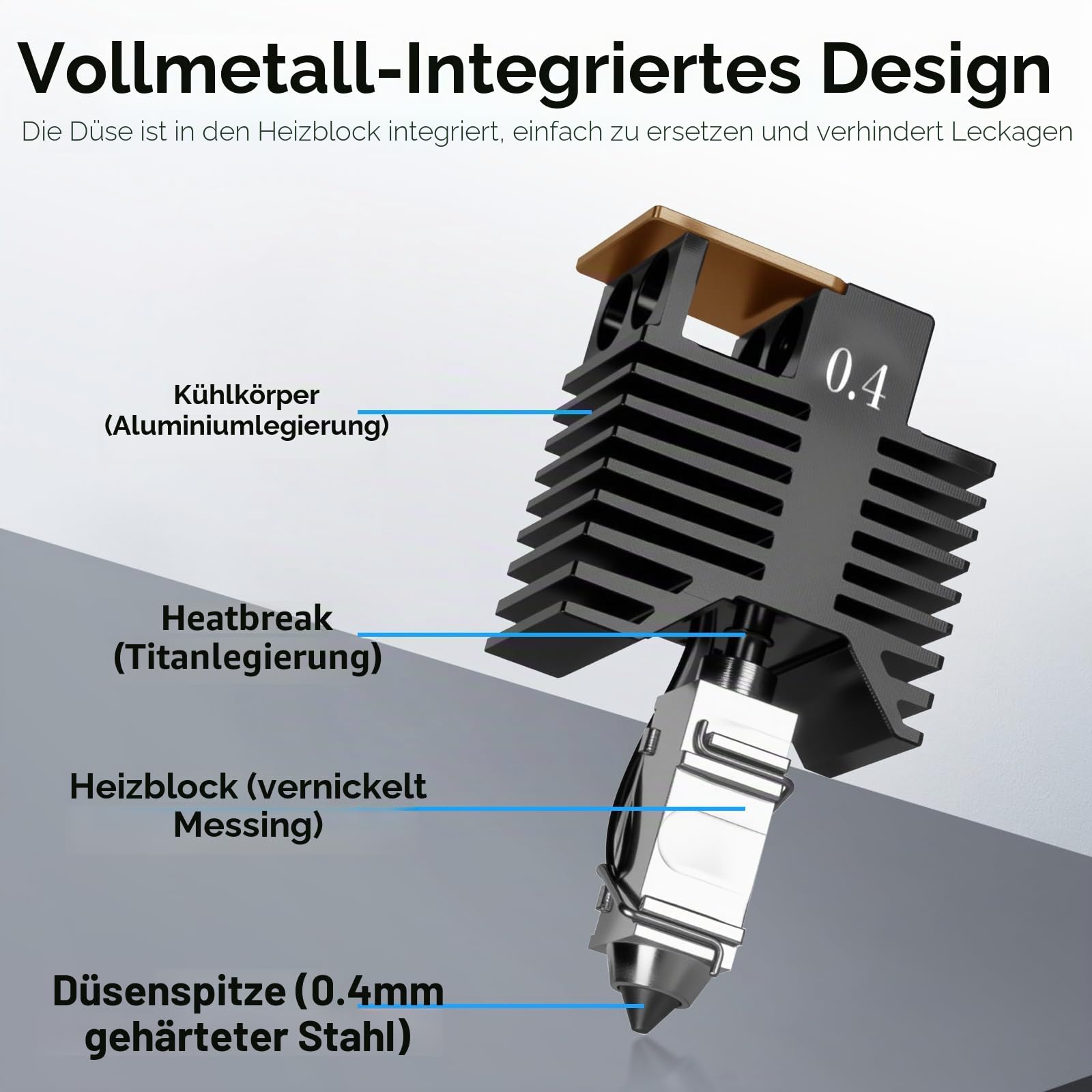 4PCS U1 Hotend 0.4mm Düse aus gehärtetem Stahl Compatible with Snapmaker U1 3D Drucker, Hotend mit Keramischem Schnellheiz-Extruder Ersatzset mit Düsenbürste, Silikonabdeckung und Auslaufschutz