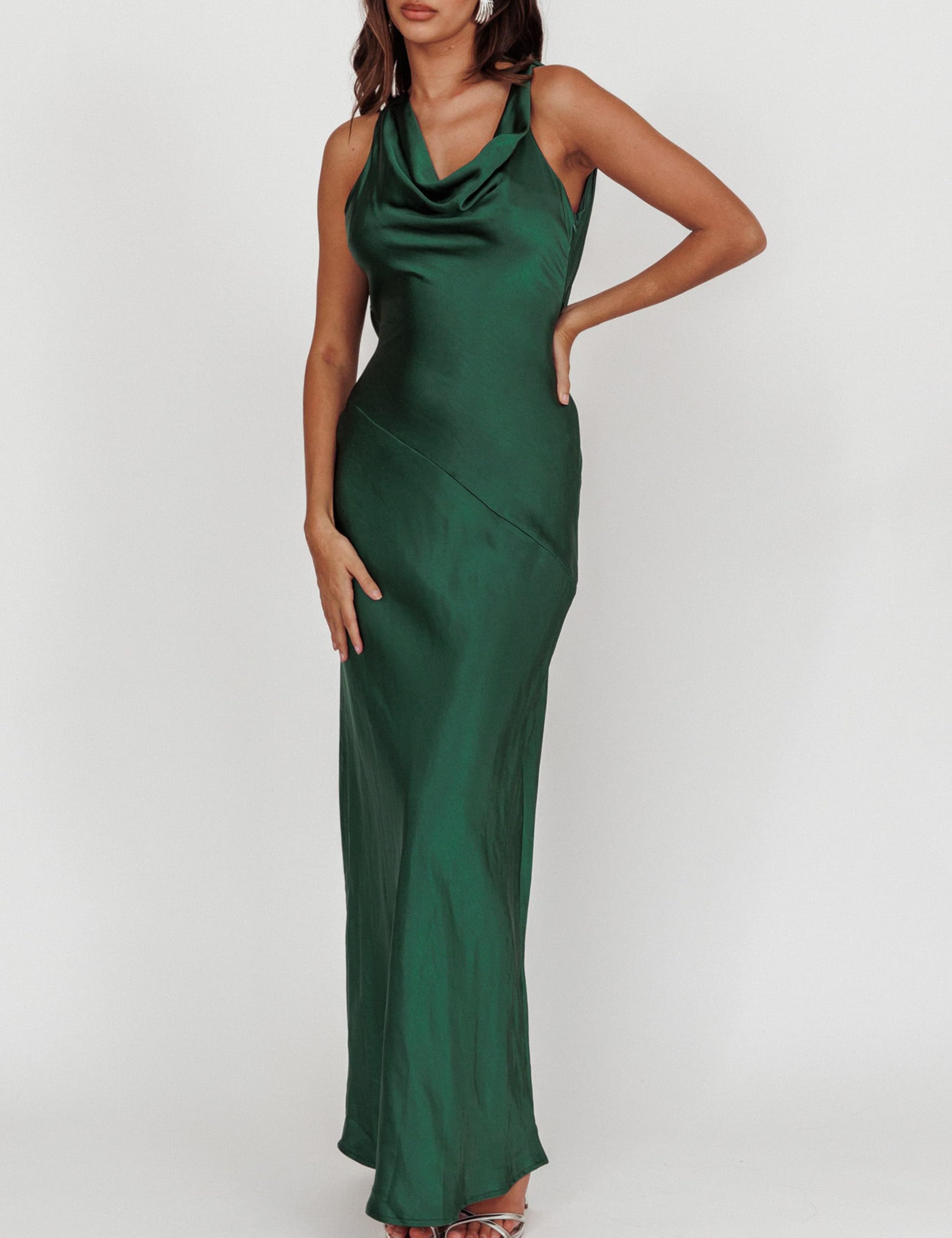 Vestido de satén para mujer, de seda, espalda descubierta, sin mangas, escote drapeado, elegante, formal, para verano, invitada a boda, fiesta, maxivestidos, 2025