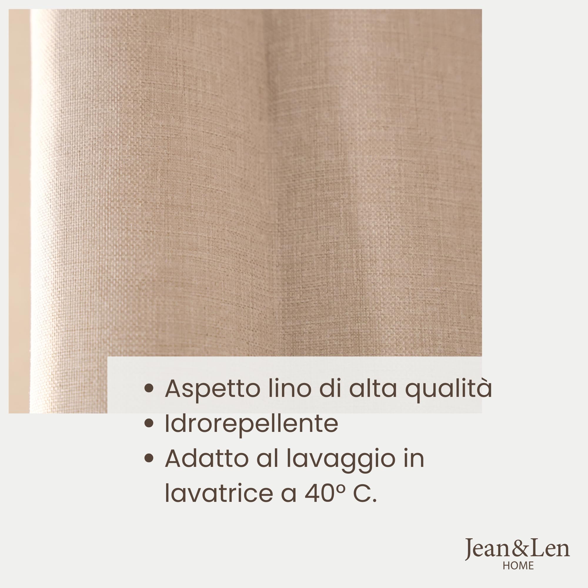 Jean & Len tenda da doccia beige, 100% poliestere, raffinato effetto lino, lavabile in lavatrice, con sistema di sospensione integrato, idrorepellente, 180 x 200 cm