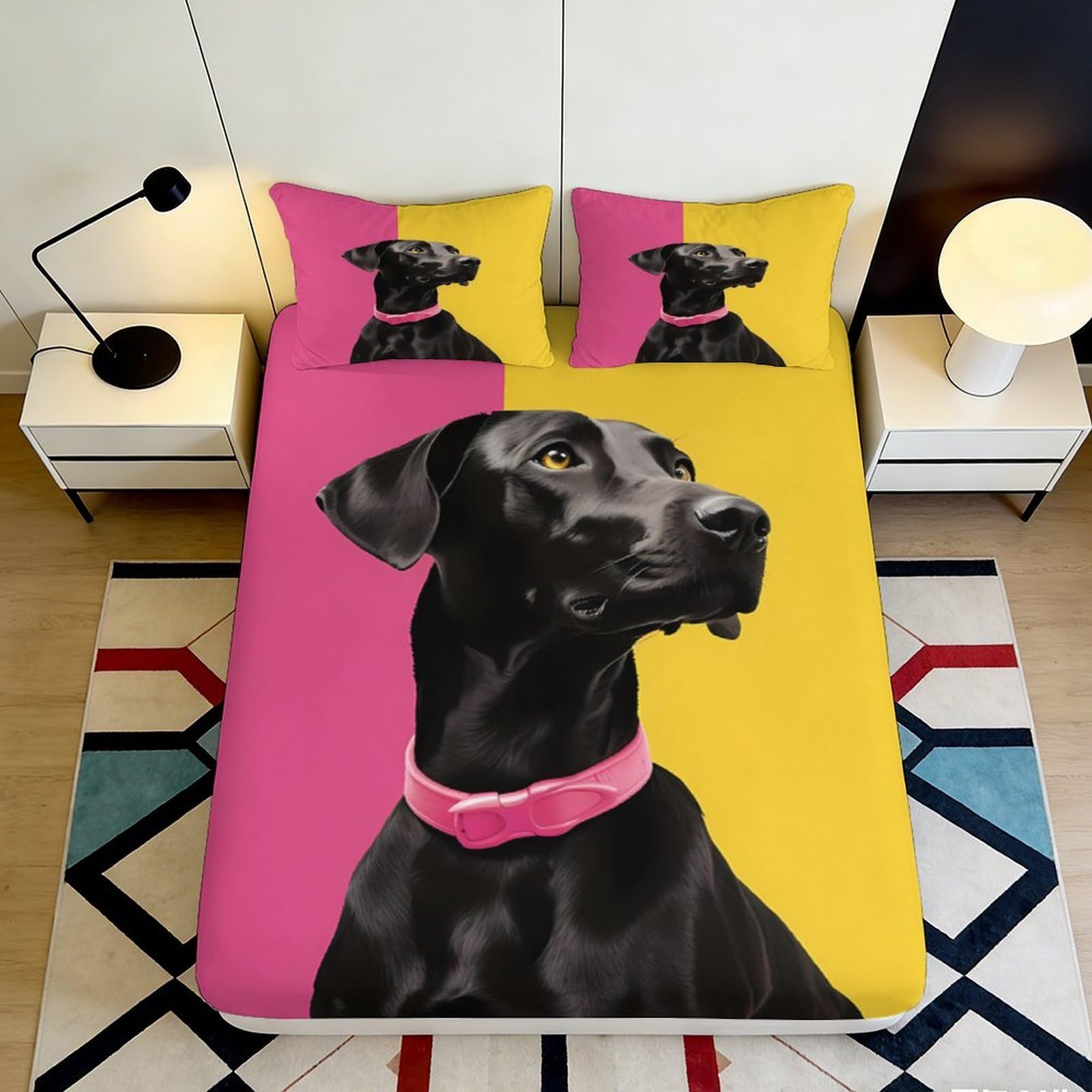 3D Printed Black Labrador Dog Fitted Sheet Microfiber Pink Yellow Bed Cover Non-slip Machine Washable Bedroom Decor 120x200x25cm