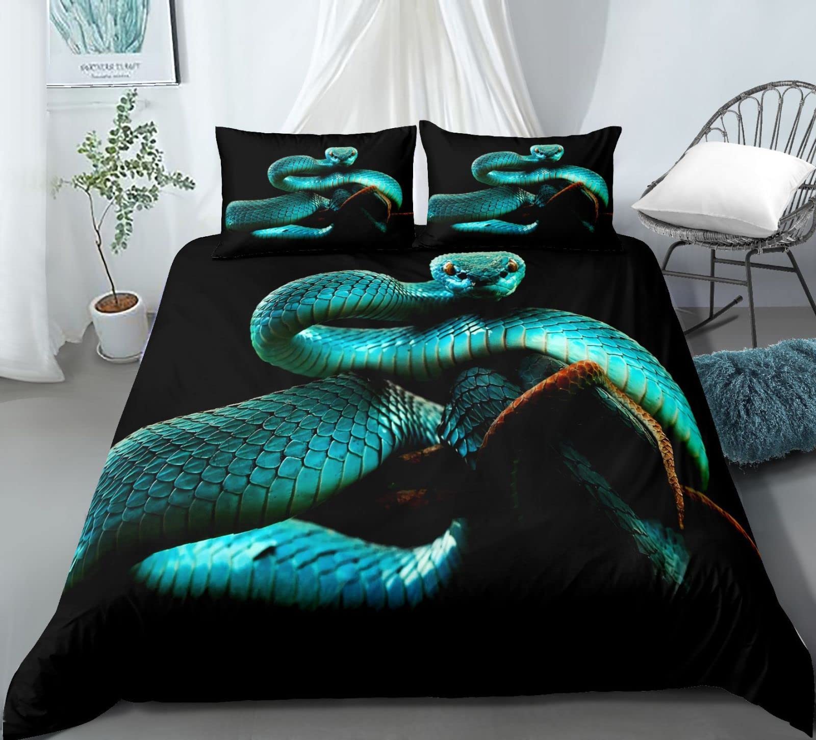 Housse de couette 160x200 serpent noir en microfibres avec 2 taies d'oreiller