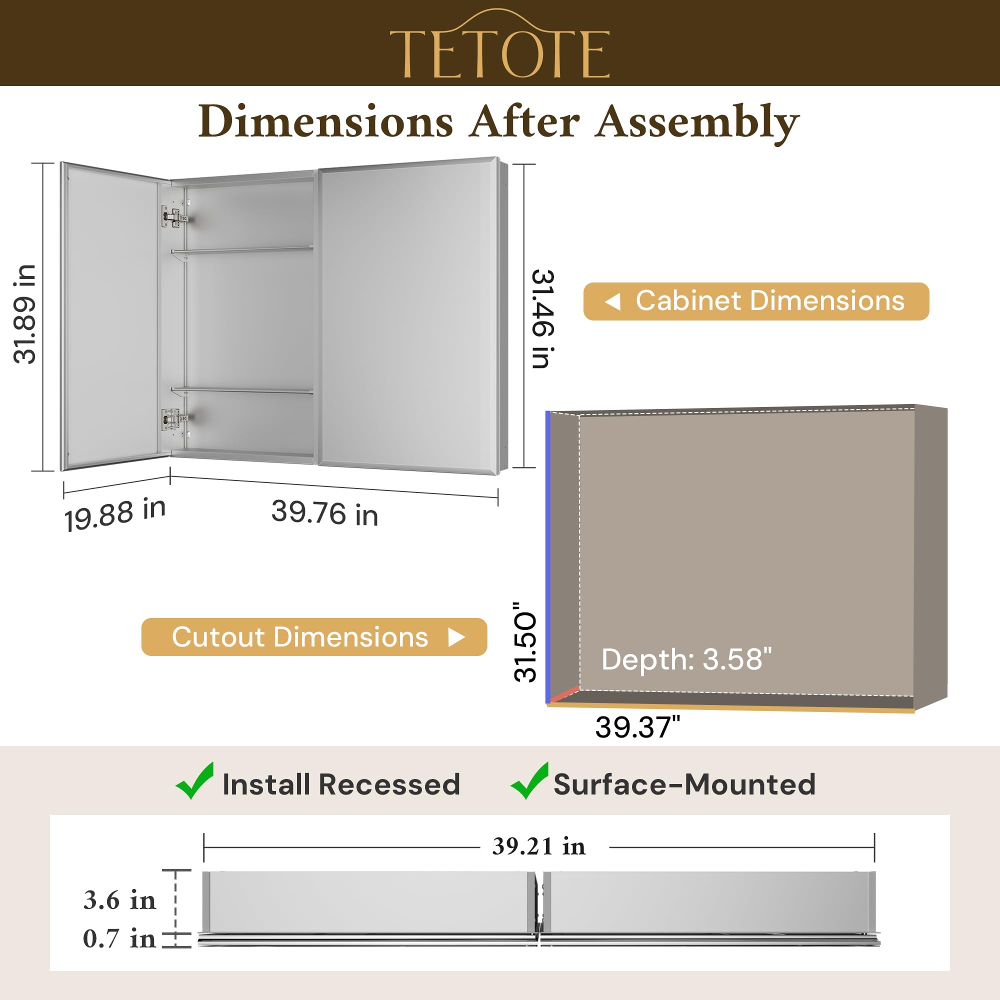 TETOTE Armoire à Pharmacie de 40 x 32 cm avec Miroir biseauté trempé, Armoire à Pharmacie argentée en Aluminium, charnières DTC, étagères réglables en continu, encastré/Montage en Surface