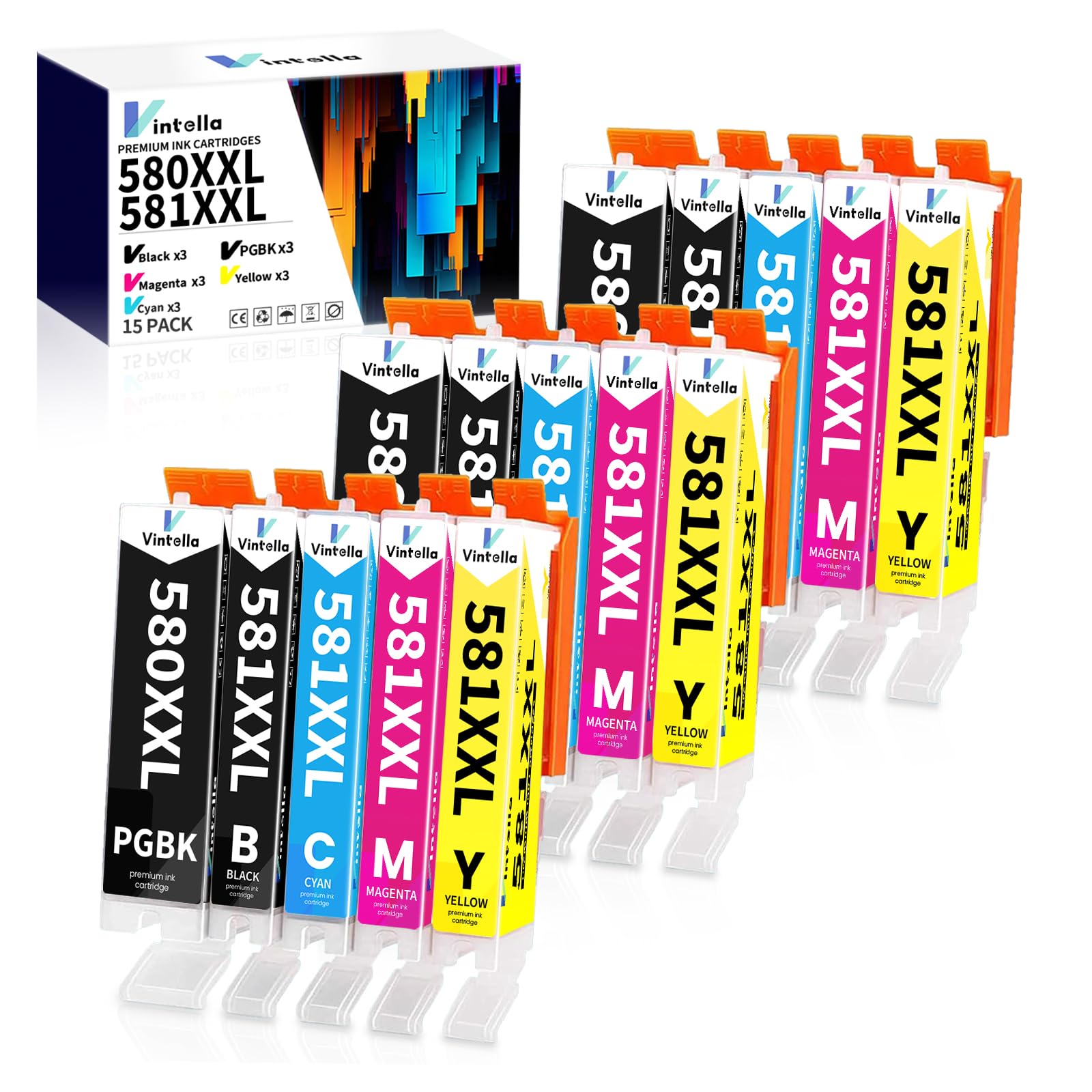 Vintella 580xxl 581xxl Cartucce Sostituzione per Canon 580 581 XXL PGI-580XXL CLI-581XXL per Pixma TS6150 TR7550 TR8550 TS6151 TS8150 TS9150 TS9155 TS9550 TS9551 TS705 TS8150 TS8151 TS8152 (15 Pezzi)