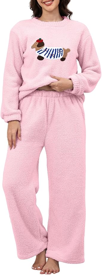 Yimoon Womens Fluffy Fleece Pajama Set Pullover Pants Winter Dachshund Pjs