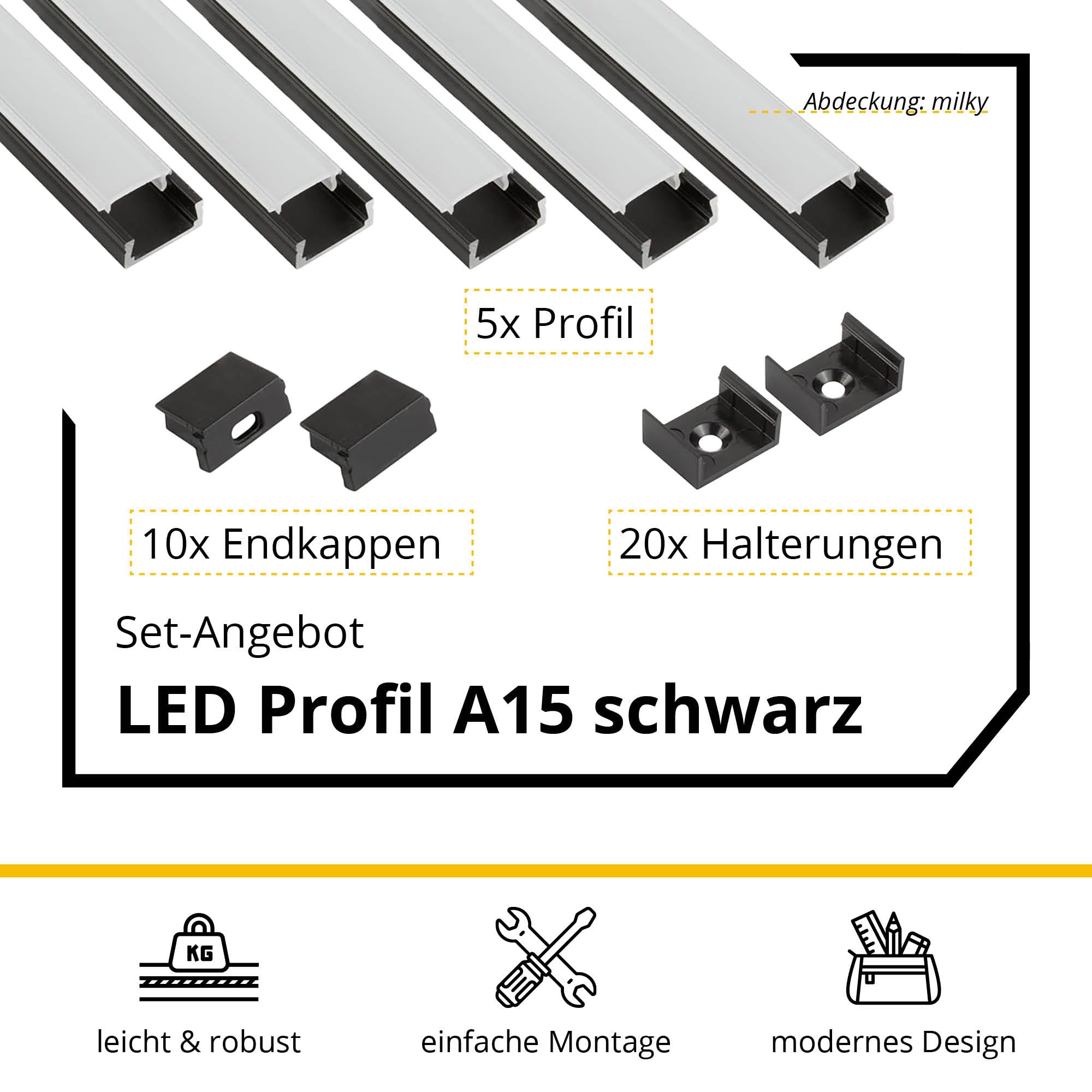 5x A15 LED Profil 2m - Schwarz + Abdeckung milky, Halter & Endkappen