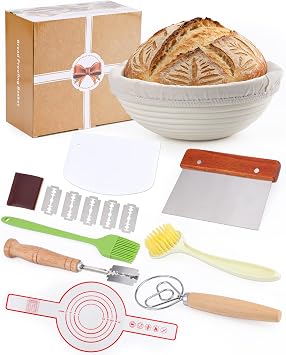 9 Pcs Sourdough Starter Kit Bread Proofing Basket | 9" Banneton Basket with Liner, ough Whisk & Scrapers for Beginner Bakers, Natural Rattan Bread Making Accessories