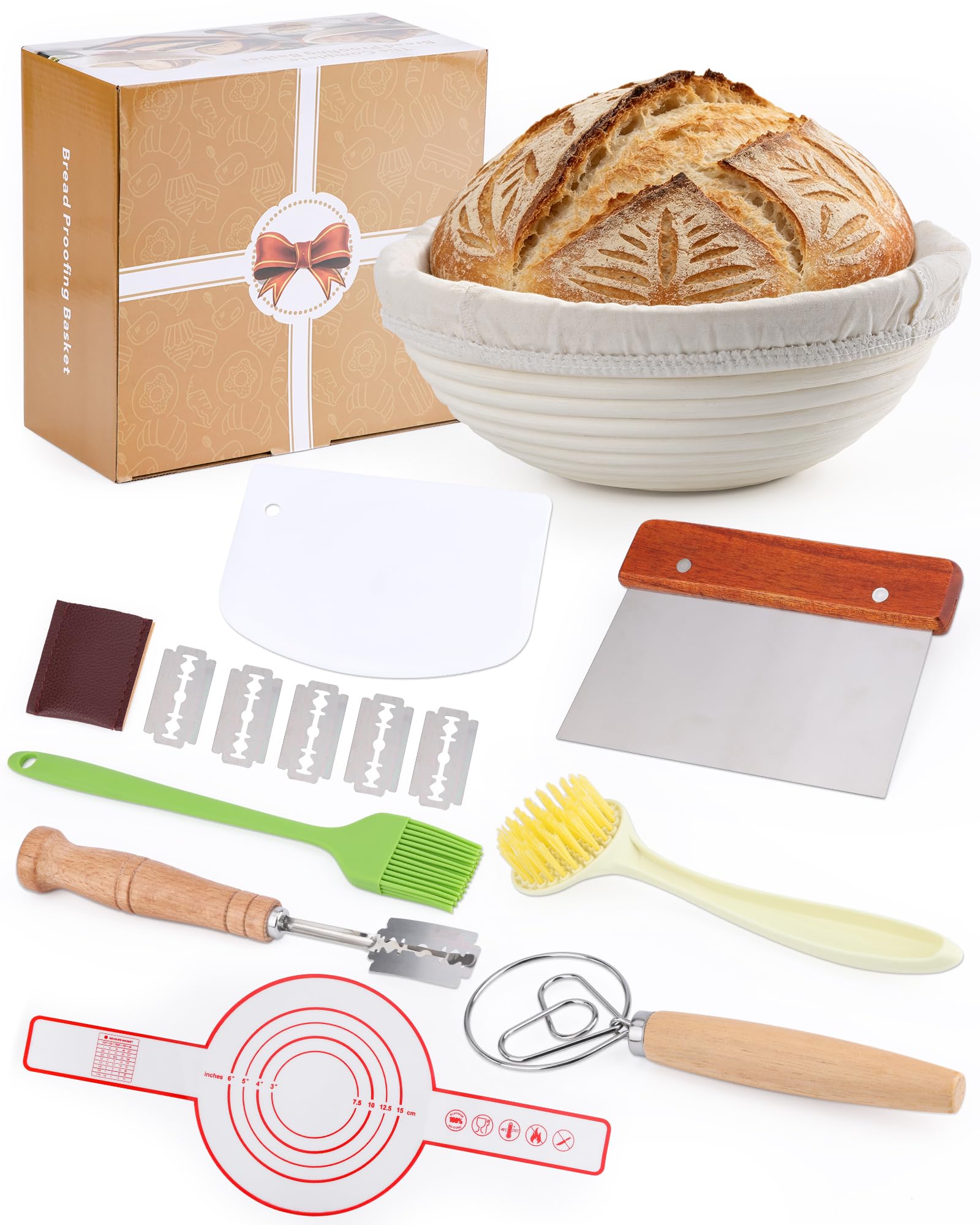Acual 9 Pcs Sourdough Starter Kit Bread Proofing Basket, 9" Banneton Basket with Liner, ough Whisk & Scrapers for Beginner Bakers, Natural Rattan Bread Making Accessories