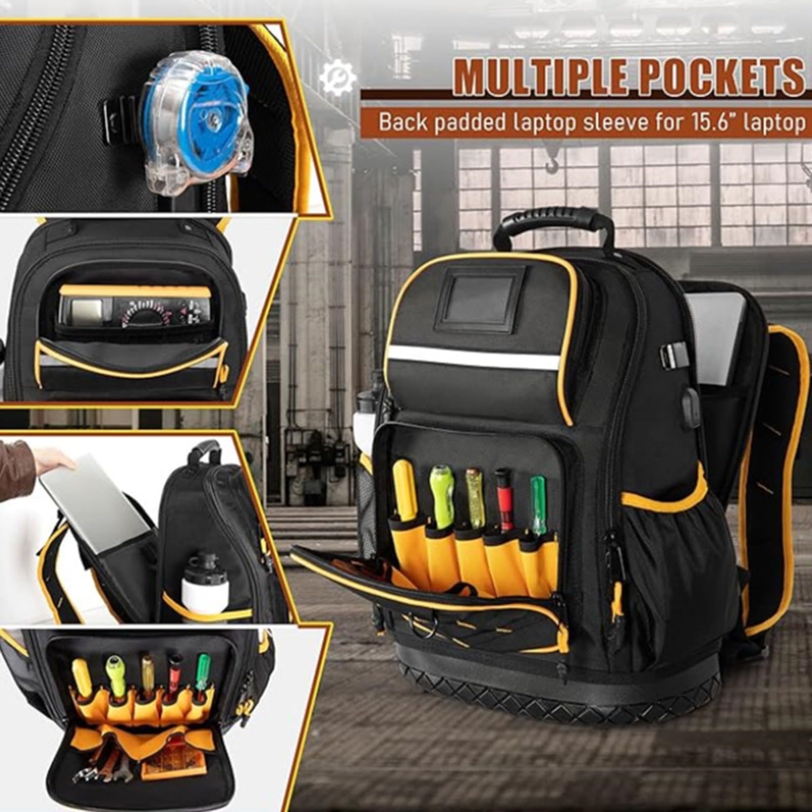 Mochila de herramientas profesional, tela Oxford resistente con parte inferior dura, múltiples bolsillos, funda para laptop para almacenamiento en el lugar de trabajo