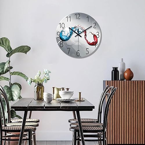 Miniatura 2 de XFM Reloj de pared silencioso sin tictac, funciona con pilas, reloj de comedor de 16 pulgadas, tazas de vino azul y rojo, reloj decorativo moderno