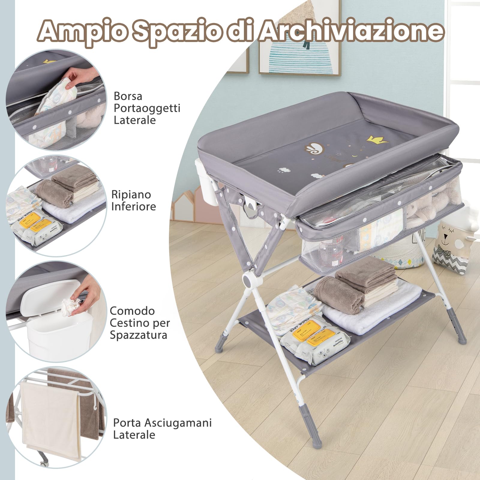 RELAX4LIFE Cambiador de Bebé Plegable con 4 Ruedas Giratorias con Frenos, 3 Alturas Ajustables, Cestas de Almacenamiento y Cinturón de Seguridad, Cambiador Bebe Mueble para Bebé 0-12 Meses (Gris)