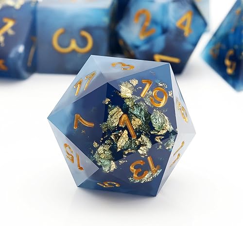 Miniatura 5 de PJOY DND - Juego de dados con bordes afilados, 7 piezas de color blanco y azul oscuro con resina de lámina dorada, dados poliédricos D&D con estuche