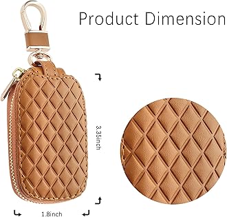 Stylish Car Key Case with Keychain and Zipper - Genuine Leather Car Key Case Holder for Remote Key Cover Replacement (Brown)