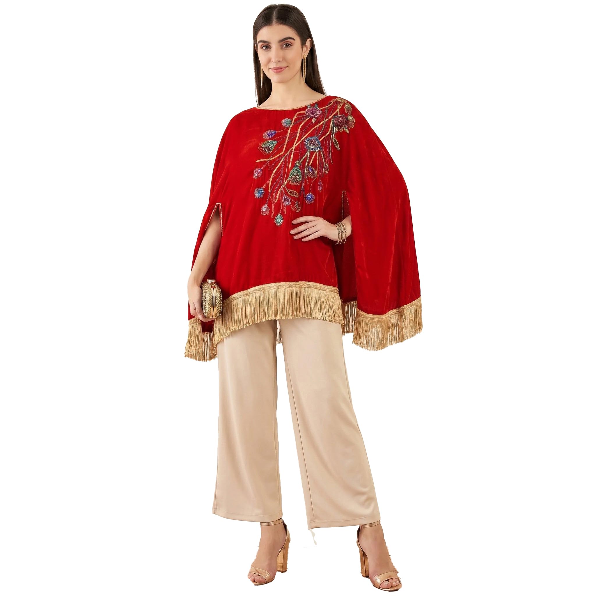 first resort Red Floral Sequinned Velvet Poncho with Golden Fringe-picture-0