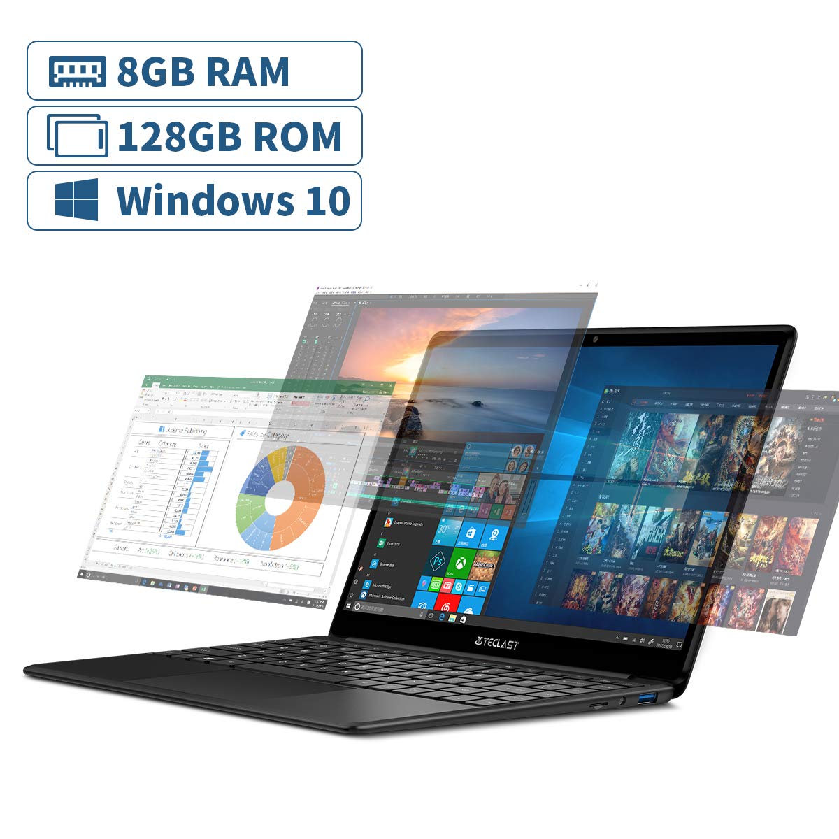 TECLAST Ordenador Portátil 13.3 Pulgadas，Portátil 8GB RAM+128GB