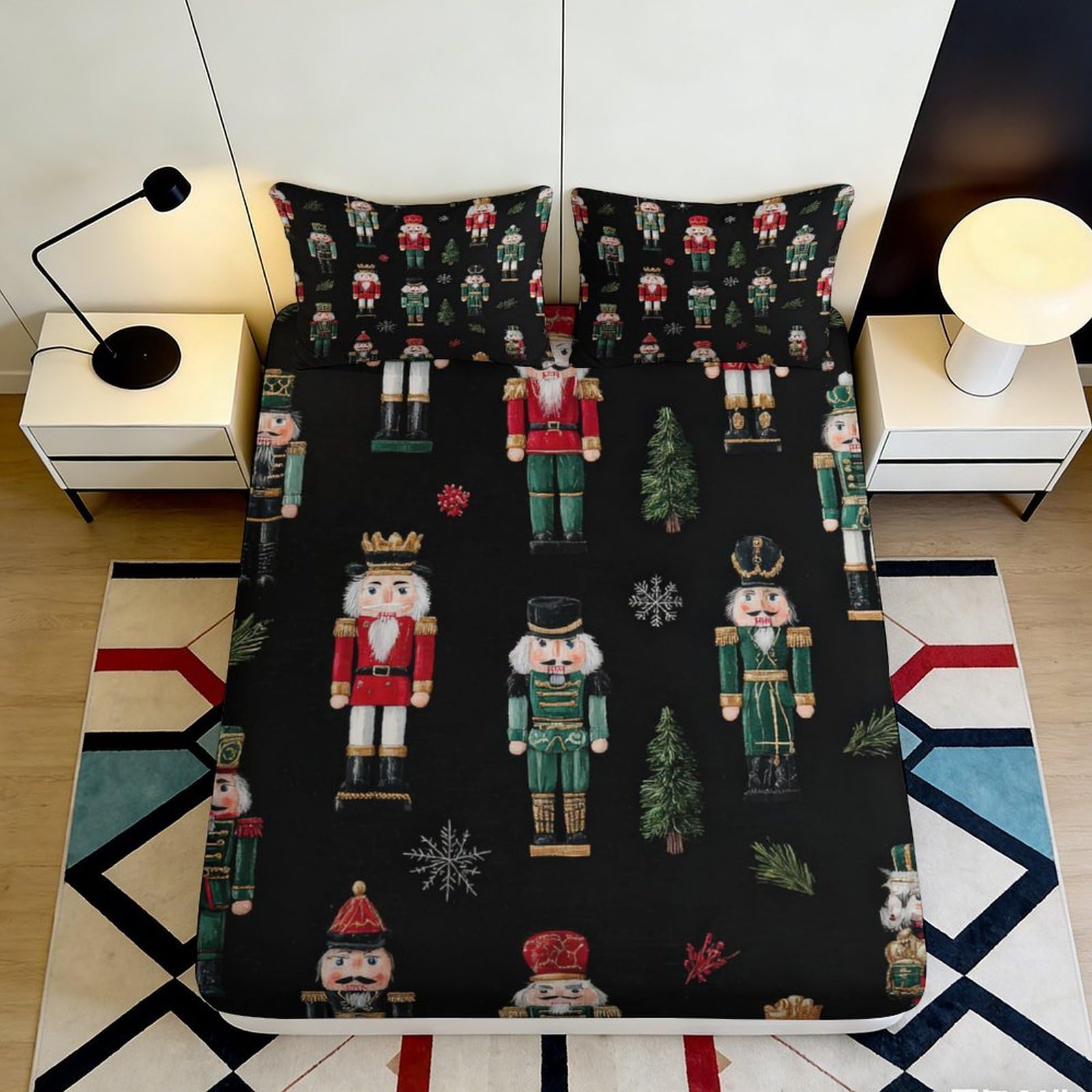 3D Printed Nutcracker Christmas Fitted Sheet Microfiber Soft Snowflake Bed Cover for Bedroom Guest Room Decor 90x200x25cm