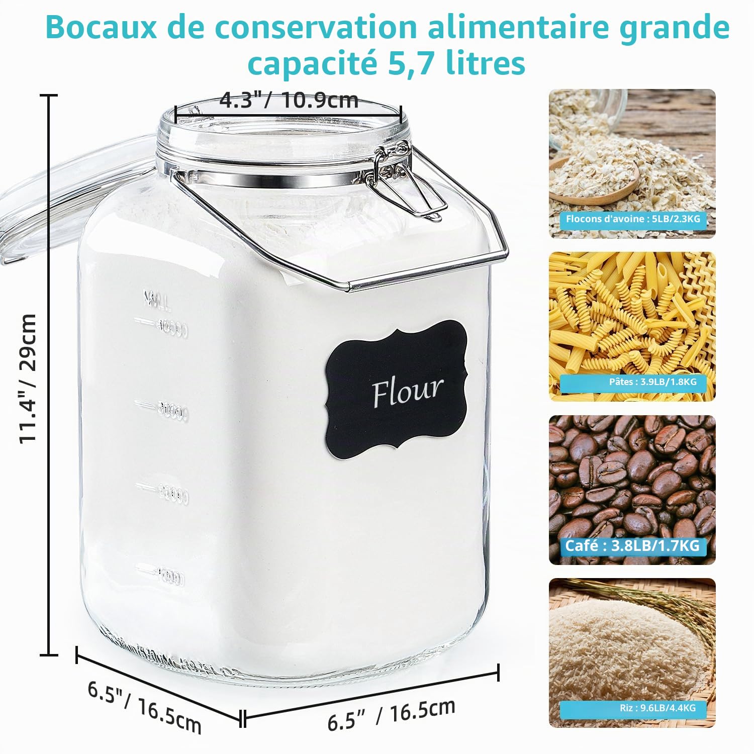Absovetu Grand bocal de rangement hermétique en verre avec couvercle hermétique 5,7 litres – Bocal Mason à large ouverture avec poignée pour pâtes, riz, cornichons, cookies, bonbons, biscuits