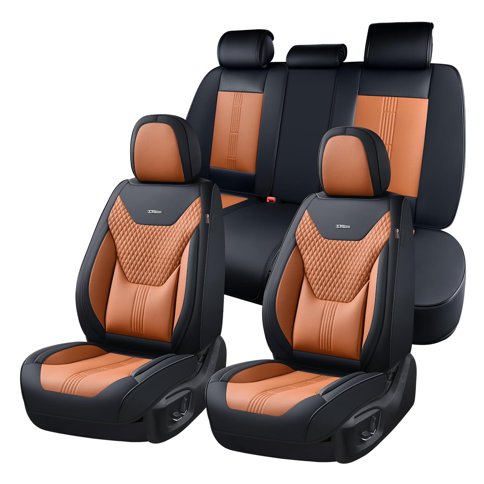 Coverado Car Seat Covers Full Set, Front Seat Covers with Lumbar Support and Back Seat Cover Waterproof Leather Automotive Seat Cover, Universal Car Interior Protectors Cushion for Most Cars