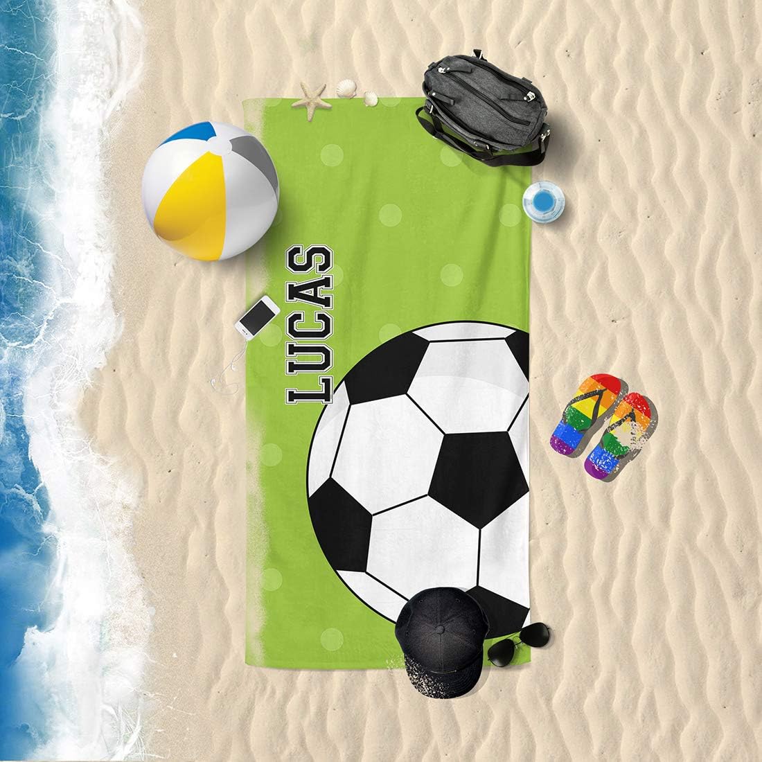 Personalized Beach Towels for Women Kids Girls Boys Adults Men. Custom Name Beach Towel with Name Mermaid Flamingo Pineapple Shark Honeymoon Basketball Baseball Summer Gifts (Soccer, 30" x 60")