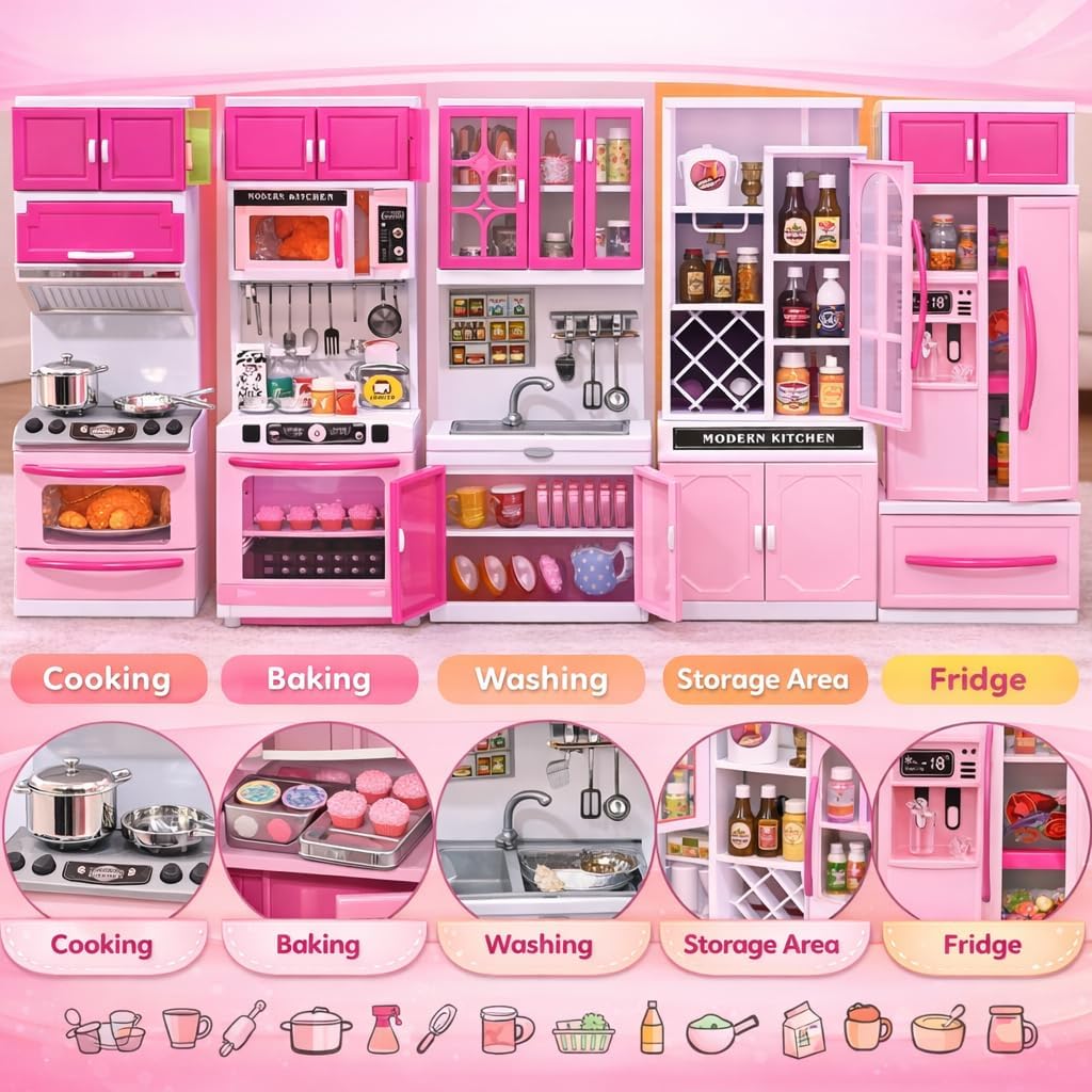 Doll Kitchen Playset for Kids, My Modern Mini Kitchen House Furniture Pretend Play Toy Accessories Set with Realistic Lights & Sounds for Toddlers, Girls (5-in-1 Kitchen Set)