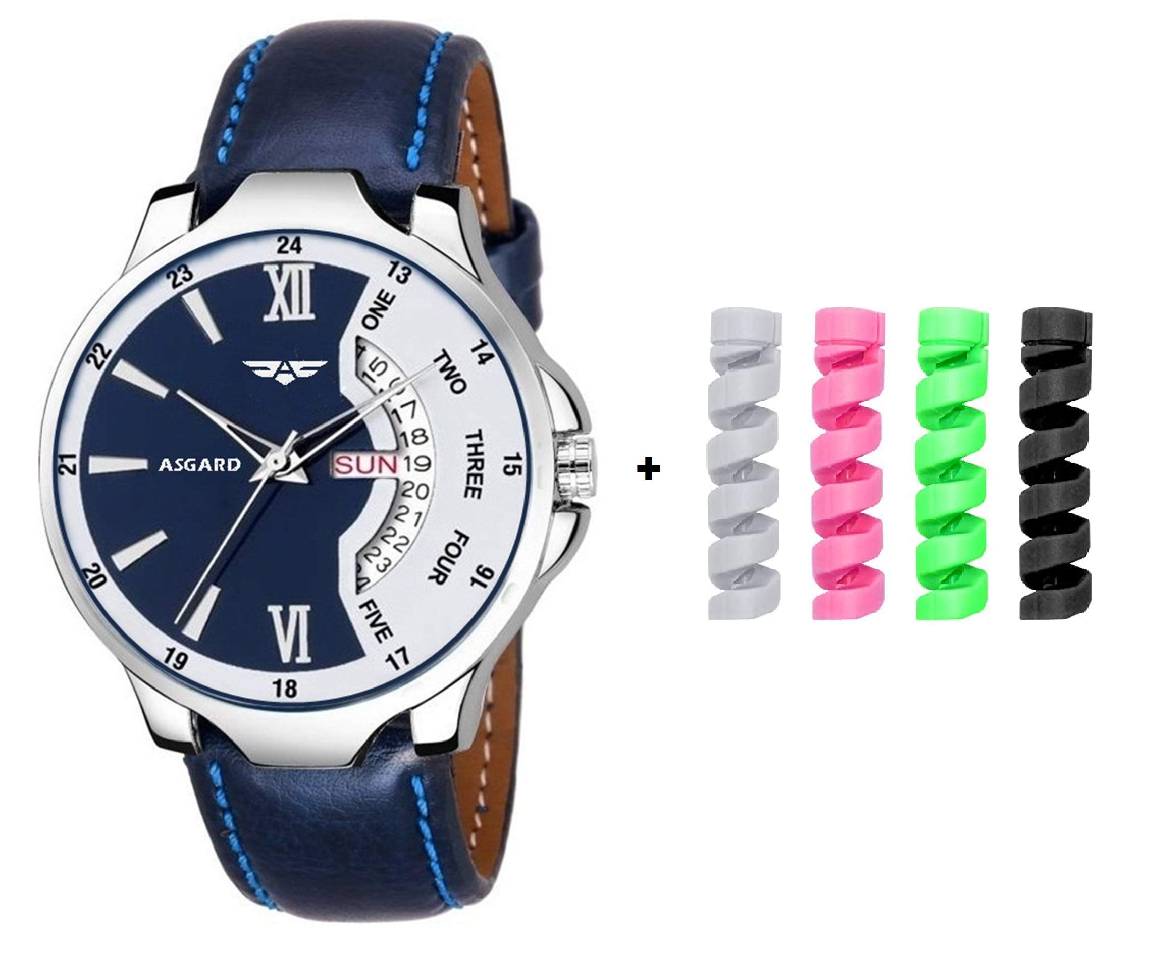ASGARD Day & Date Feature Analog Multi Color Dial Mens Watch with Freebie USB Spiral Charger Cable Protector (Multi Colored Dial Blue Strap) (B08WJ8FF1B) Amazon Price History, Amazon Price Tracker