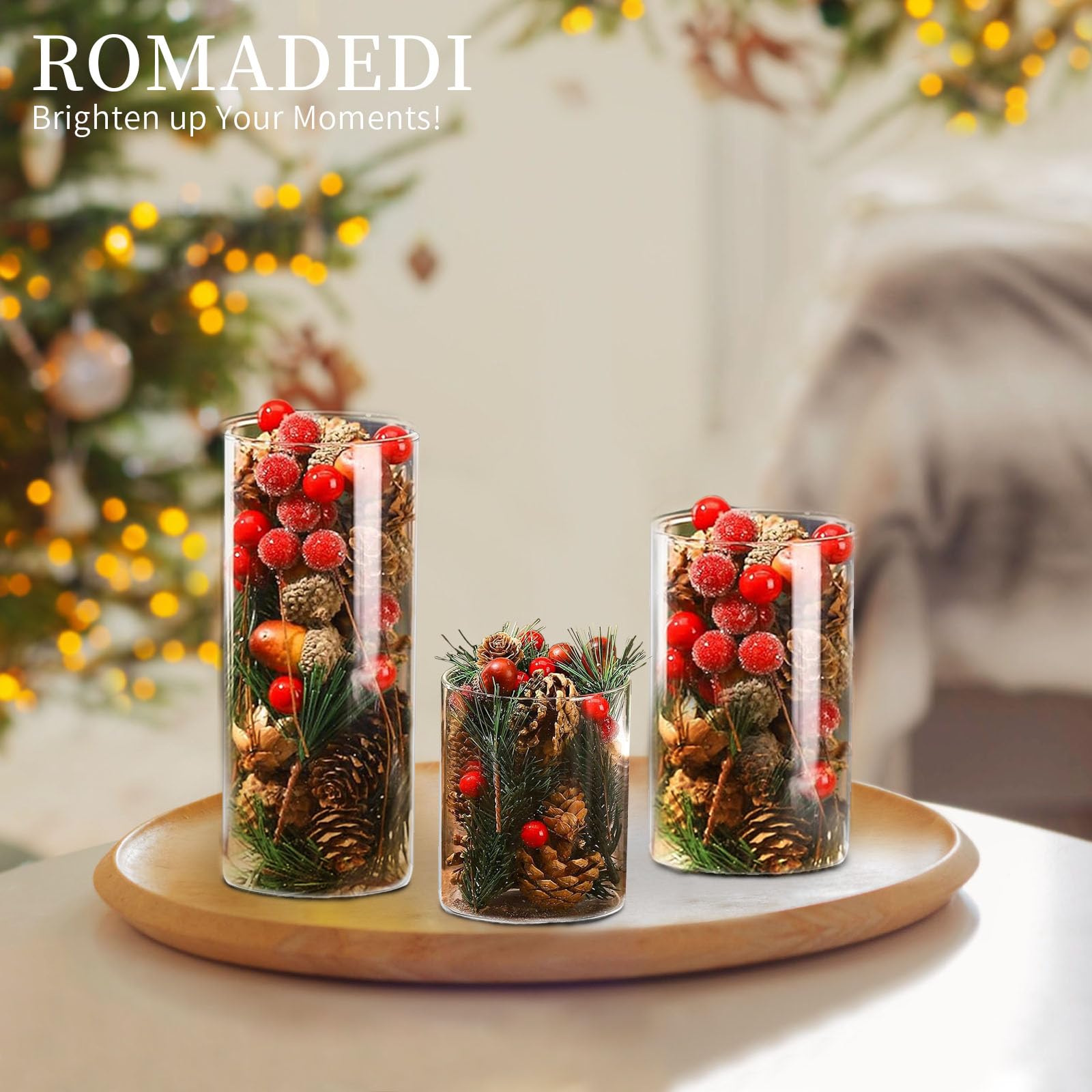 Romadedi Candelabro in vetro portacandele – 3 portacandele trasparenti per candele galleggianti, candele in vetro con fondo per erba della pampa, vasi per decorazione da tavolo, soggiorno, matrimonio,