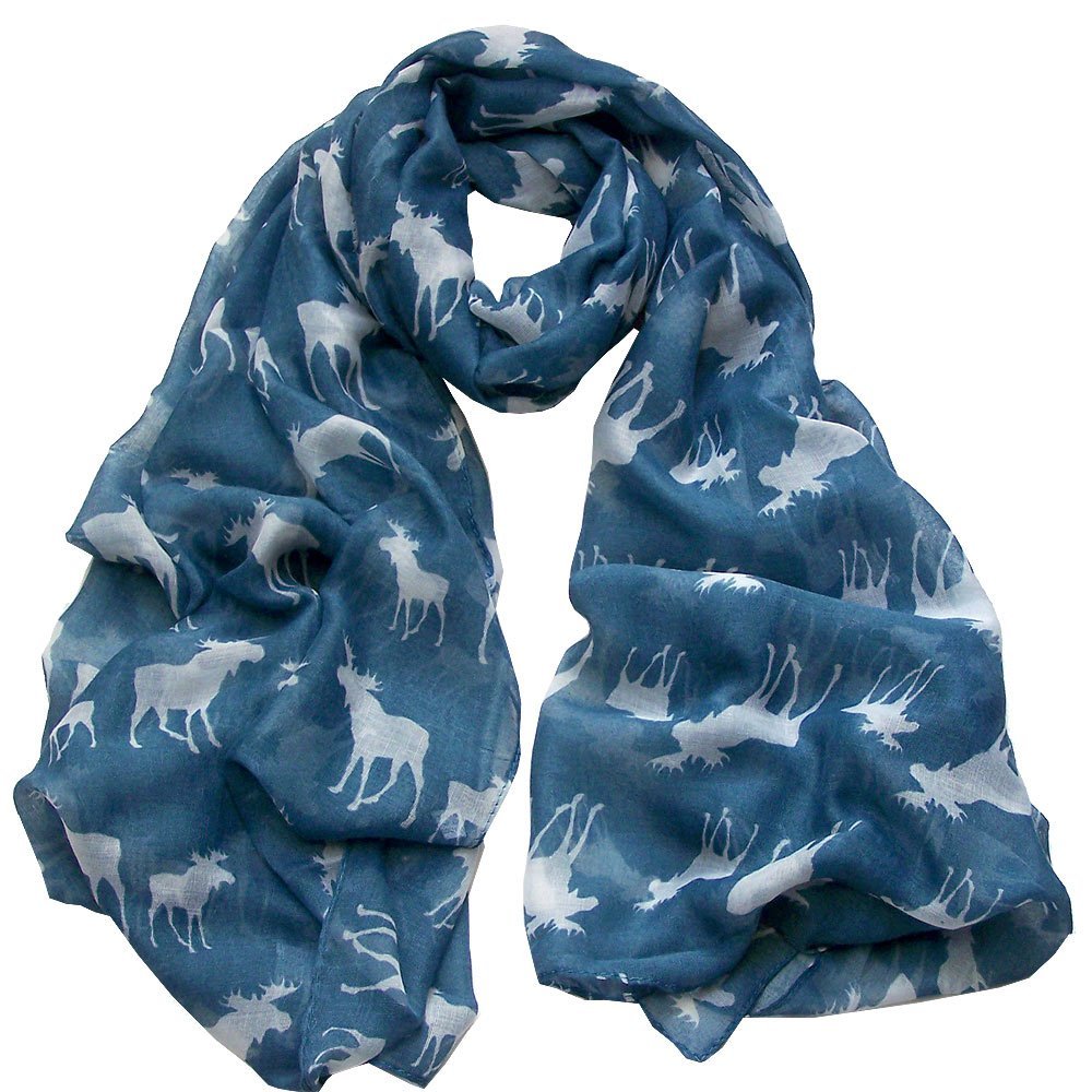 World of Shawls Moose Print Scarf Wraps Shawl Soft Scarves (Blue)
